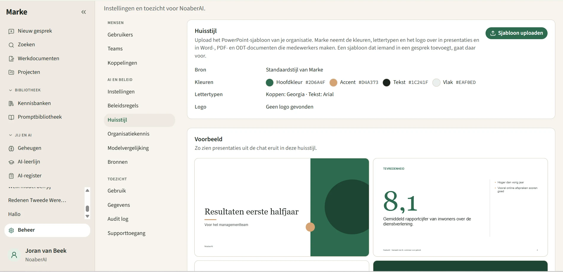 Het beheerscherm van Marke bij Huisstijl: kleuren en lettertypen van de organisatie en een voorbeeld van presentaties in die huisstijl.